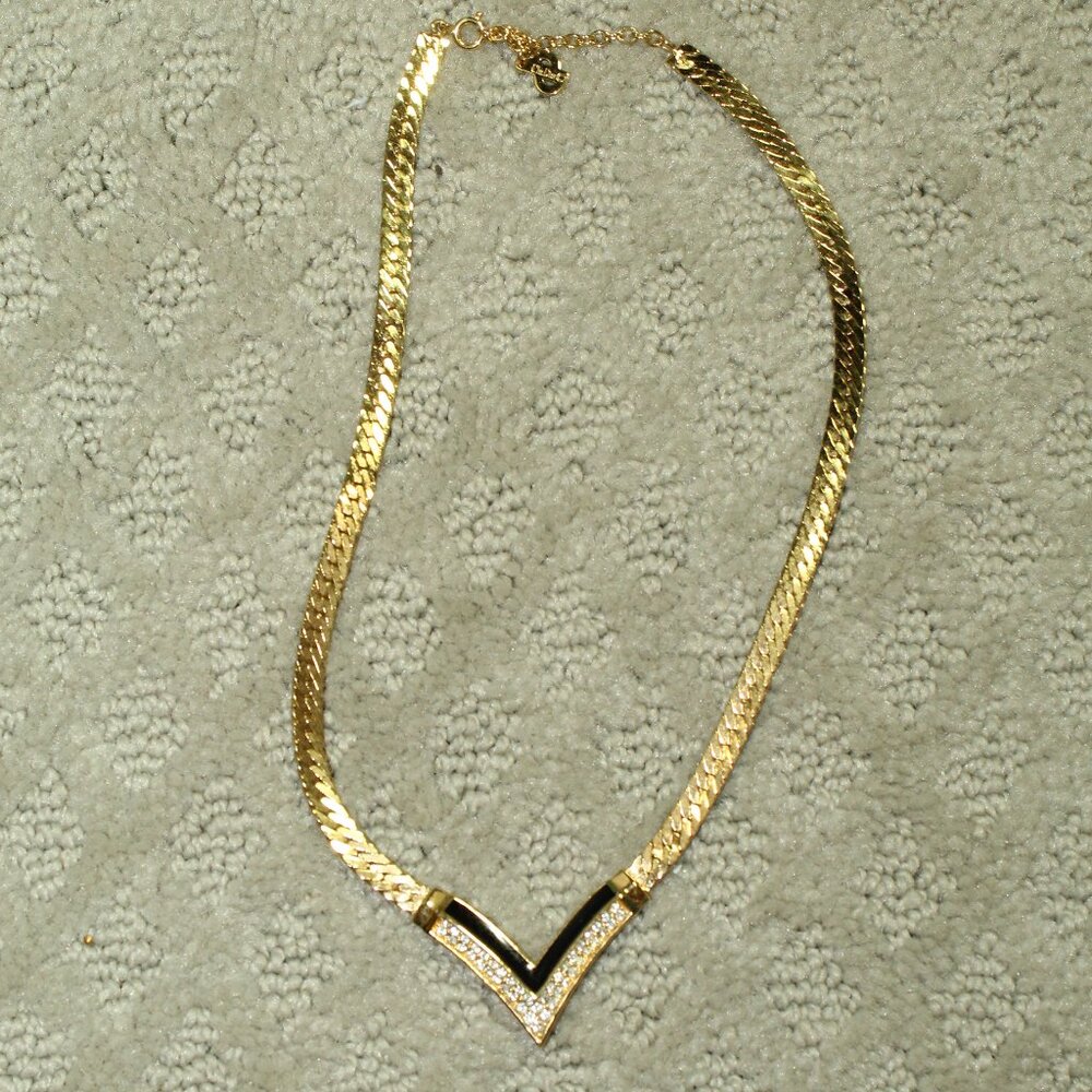 Christian Dior "V" Black Enamel Pave Rhinestone Statement Choker Necklace